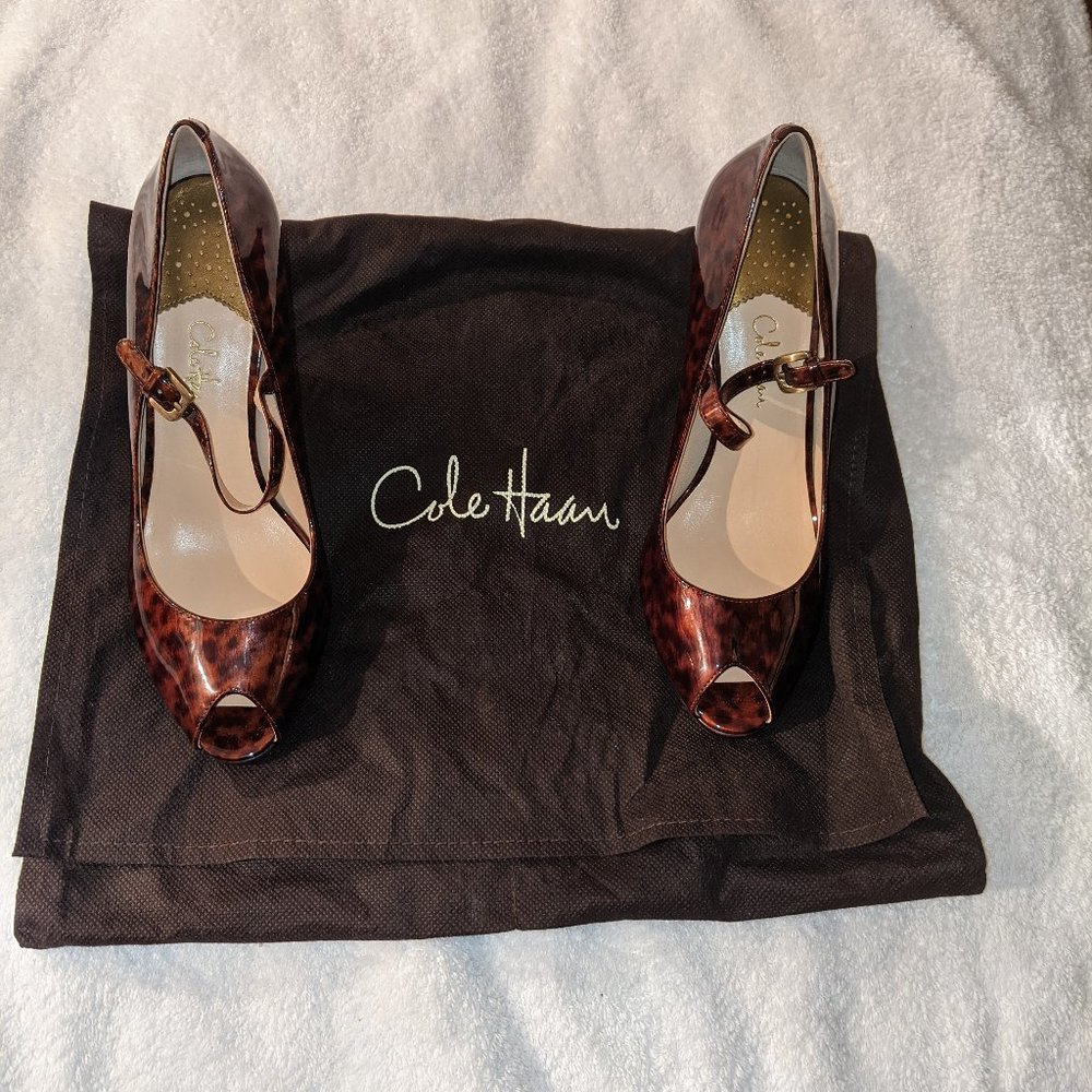 Cole Haan Tortoise Shell Patent Peep Toe Heels Size: US 8B